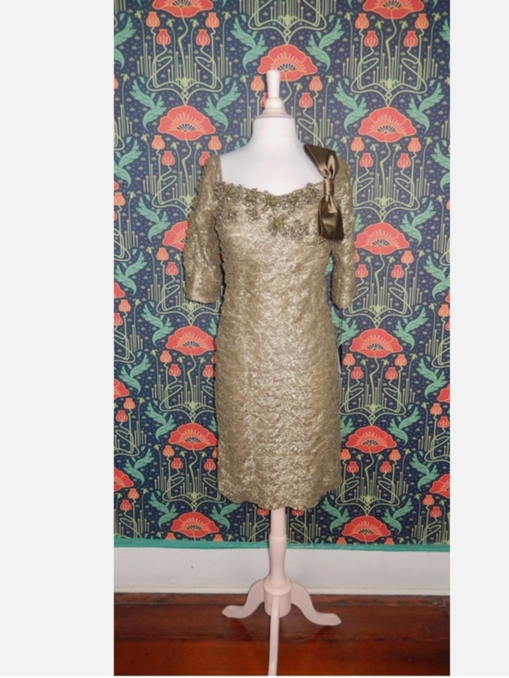 Terani Couture Green Gold Lace Bow Embellished Crystal Pleated Cocktail Dress 12